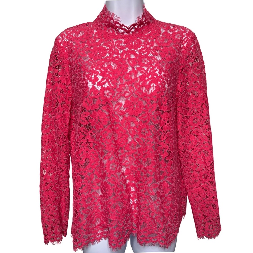 J. CREW Womens Pink Floral‎ Lace Eyelash Trim Mock Neck Blouse 8 Coquette Femme